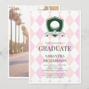 Modern rosa och grön preppy golf fotograduation meddelande