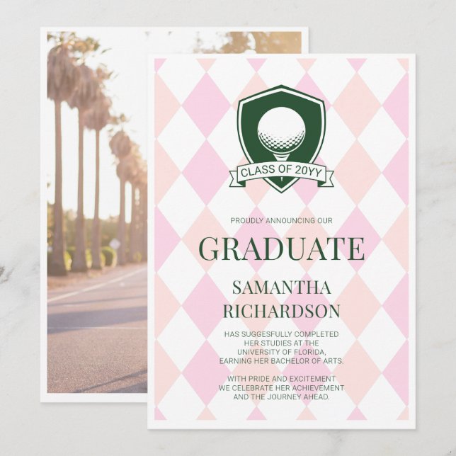 Modern rosa och grön preppy golf fotograduation meddelande (Fram/baksida)