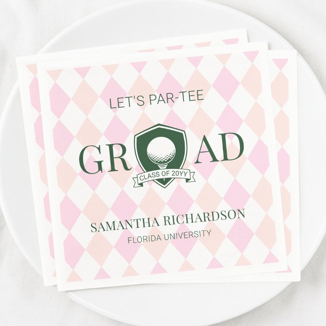 Modern Rosa och Grön Söt Golfexamen för Förberedan Pappersservett (Modern Pink and Green Cute Preppy Golf Graduation Napkins)