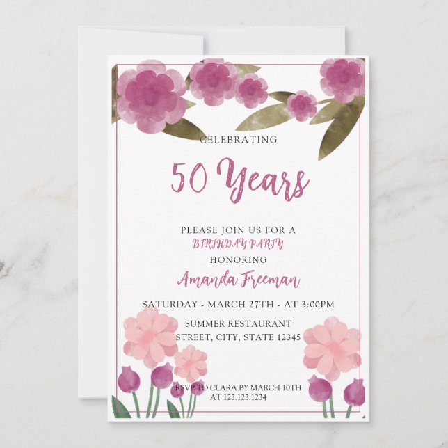 Modern Rosa och Grönt Blommor Mor födelsedag Inbjudningar (Framsida)