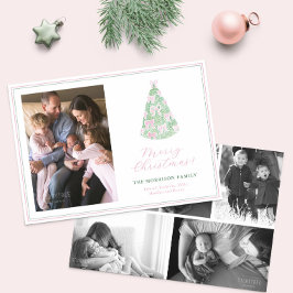 Modern Rosa och Grönt Bows God jul Photo Julkort