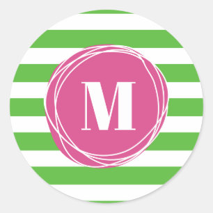 Modern Rosa och Grönt Rand Monogram Runt Klistermärke