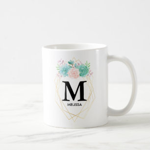 Modern Rosa och Grönt - vattenfärgsuckor i monogra Kaffemugg