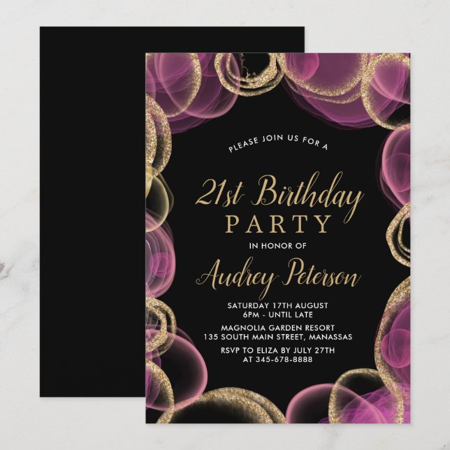 Modern Rosa och Guld Circle Black 21:a födelsedag Inbjudningar (Fram/baksida)