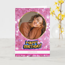 Modern rosa och guld glitter foto & namn födelseda kort