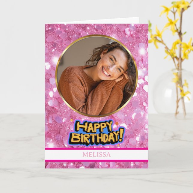 Modern rosa och guld glitter foto & namn födelseda kort (Gul blomma)