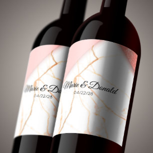 Modern Rosa och Guld Glitter Marble Vinflaska Etikett