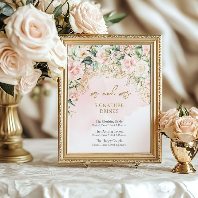 Modern rosa och guld namnteckning drycker poster (Modern soft pink and gold signature drinks poster)