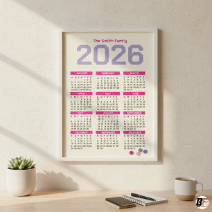 Modern rosa och lila 2026 Årlig familjekalender