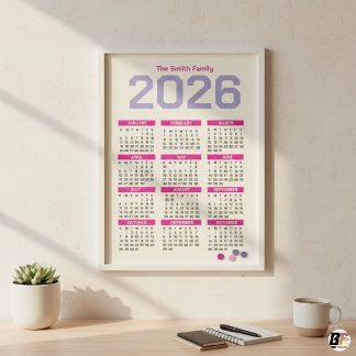 Modern rosa och lila 2026 Årlig familjekalender