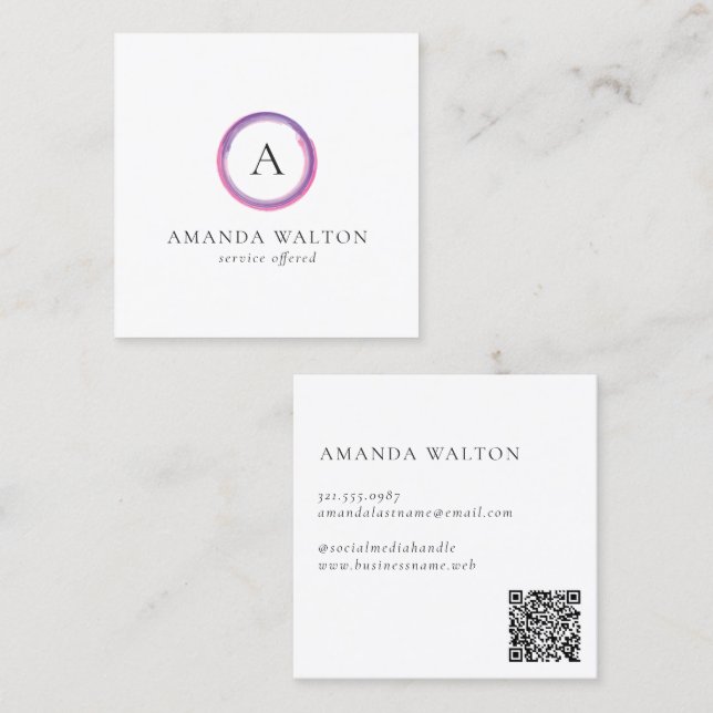Modern Rosa och Lila Monogram QR-kod Fyrkantigt Visitkort (Fram/baksida)