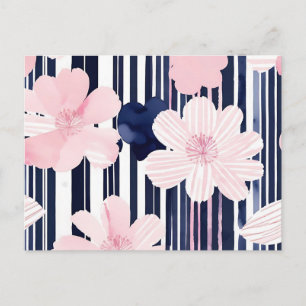 Modern rosa och marinblå blomsterränder vykort