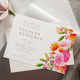 Modern Rosa och Orange Vattenfärgen Blommigt Bröll Inbjudningar