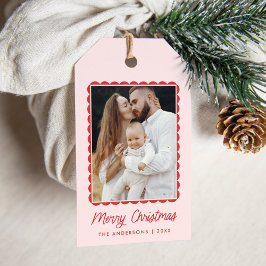 Modern Rosa och Red Scalloped Ram Helgdag Photo Presentetikett