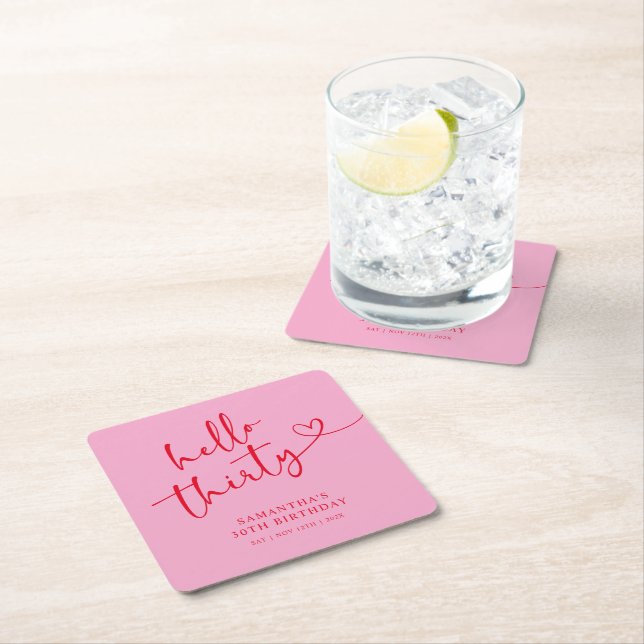 Modern Rosa och Röd Hej 30-årsdag Underlägg Papper Kvadrat (Insitu)