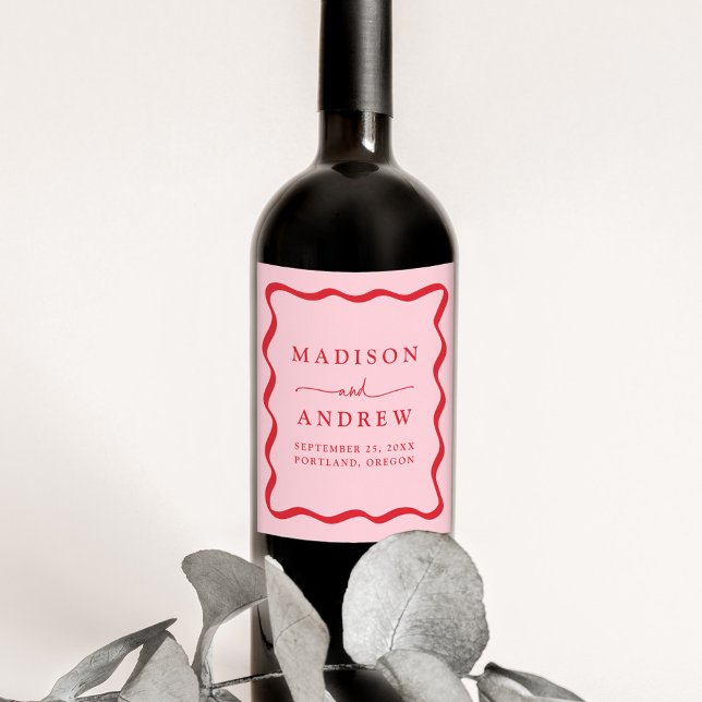 Modern Rosa och Röd Vågig Ram Bröllop Vinflaska Etikett (Skapare uppladdad)
