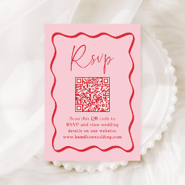 Modern rosa och röd vågig ram QR-kod RSVP Tilläggskort
