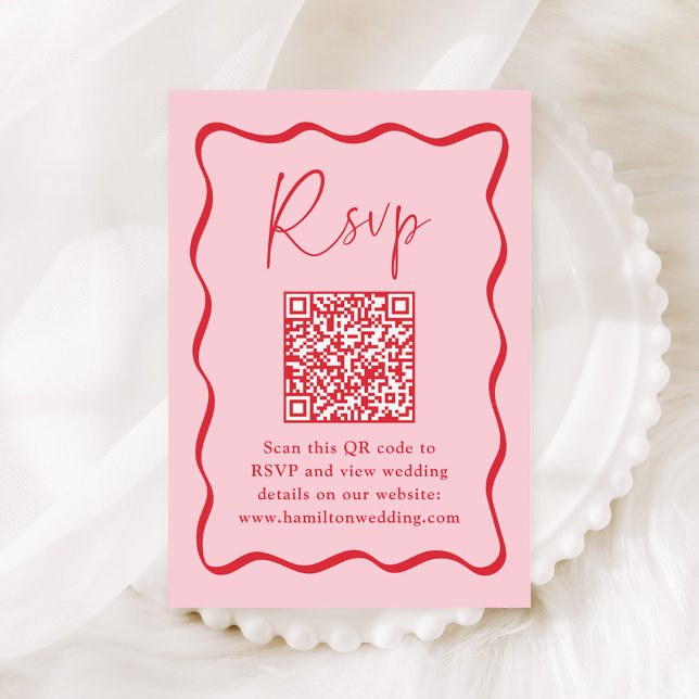 Modern rosa och röd vågig ram QR-kod RSVP Tilläggskort (Skapare uppladdad)