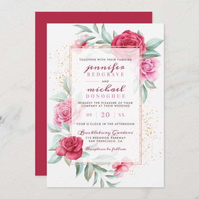 Modern Rosa och rött Chic Blooms Botaniska Bröllop Inbjudningar (Fram/baksida)