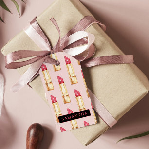 Modern Rosa och rött läppstift Mönster Girly med N Presentetikett