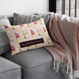 Modern Rosa och rött läppstift Mönster Girly med N Prydnadskudde