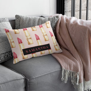 Modern Rosa och rött läppstift Mönster Girly med N Prydnadskudde