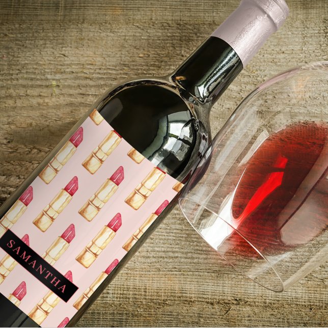 Modern Rosa och rött läppstift Mönster Girly med N Vinflaska Etikett (Skapare uppladdad)