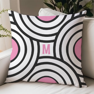 Modern Rosa och svart Circles Monogram Dorm Room Kudde
