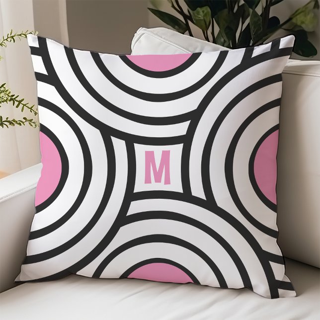 Modern Rosa och svart Circles Monogram Dorm Room Kudde (Skapare uppladdad)