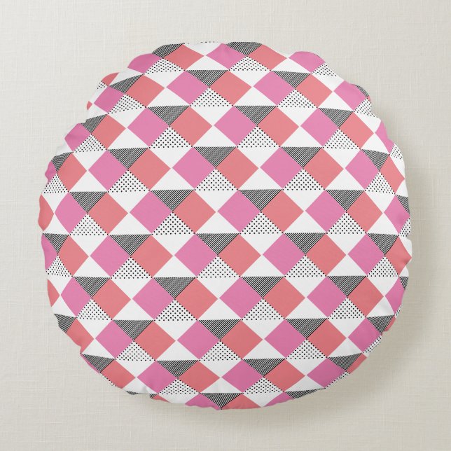 modern rosa och svart geometrisk mönster rund kudde (Framsidan)