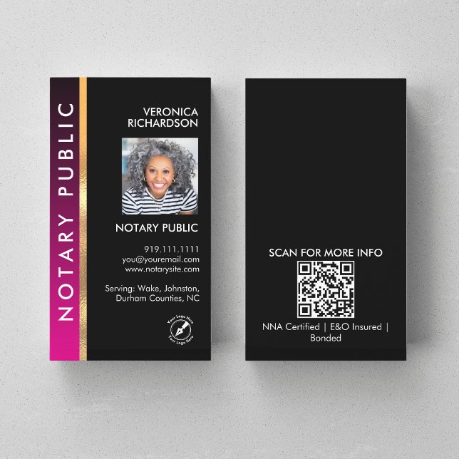 Modern rosa och svart notarie QR-kod Foto I.D. Visitkort (Skapare uppladdad)