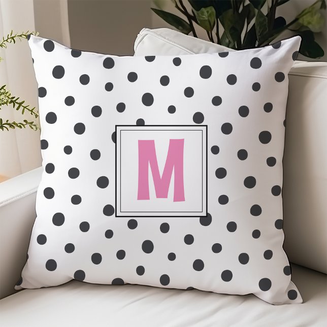 Modern Rosa och svart polka - punkt Monogram Dorm  Kudde (Skapare uppladdad)