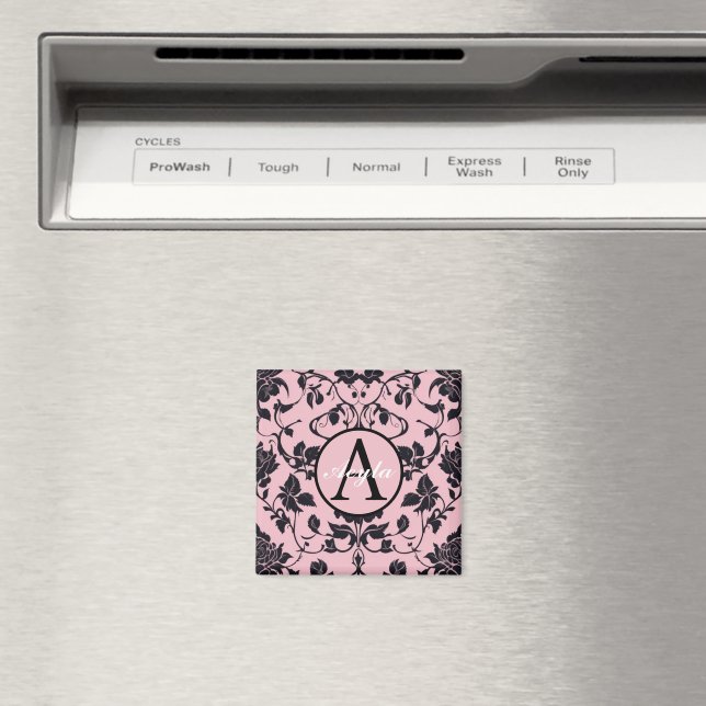 Modern Rosa och svart Ro-skademonogram Magnet (In Situ (Dishwasher))