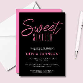 Modern Rosa och svart Sweet sixteen Inbjudningar