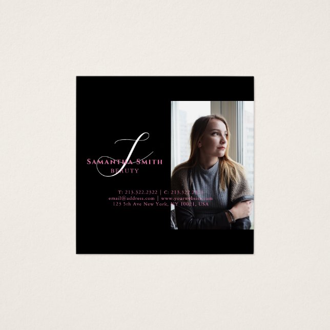 Modern Rosa och Tillbaka 4 fotoskript Monogram Fyrkantigt Visitkort (Framsida)