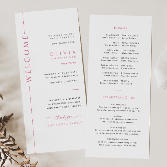 Modern Rosa och Vit Bat Mitzvah Programkort (Skapare uppladdad)