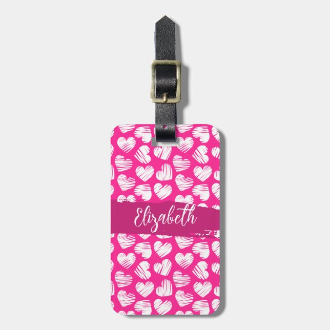 Modern Rosa och vit Doodled Heart Valentine Namn Bagagebricka (Vertikal Framsida)