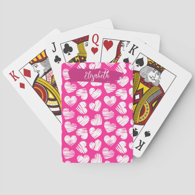 Modern Rosa och vit Doodled Heart Valentine Namn Casinokort (Baksidan)