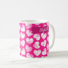 Modern Rosa och vit Doodled Heart Valentine Namn Kaffemugg