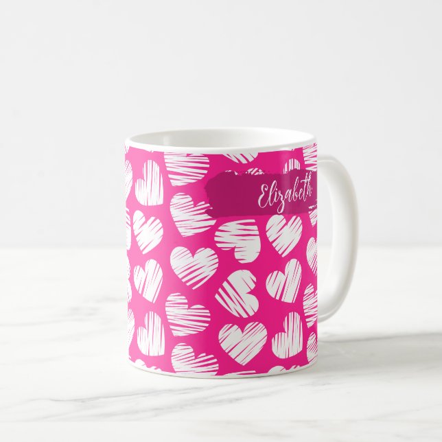 Modern Rosa och vit Doodled Heart Valentine Namn Kaffemugg (Framsida höger)