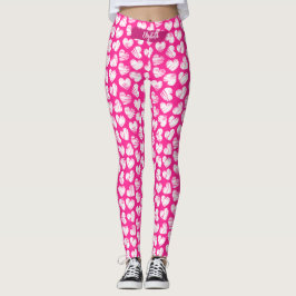 Modern Rosa och vit Doodled Heart Valentine Namn Leggings