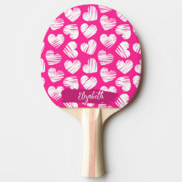 Modern Rosa och vit Doodled Heart Valentine Namn Pingisracket