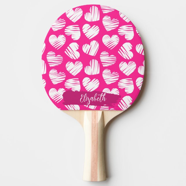 Modern Rosa och vit Doodled Heart Valentine Namn Pingisracket (Framsidan)