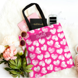 Modern Rosa och vit Doodled Heart Valentine Namn Tygkasse