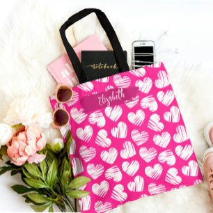 Modern Rosa och vit Doodled Heart Valentine Namn Tygkasse