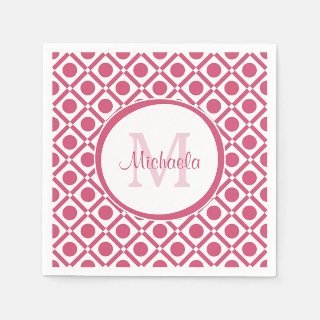 Modern rosa och vit geometrisk monogram med namn pappersservett (Framsidan)