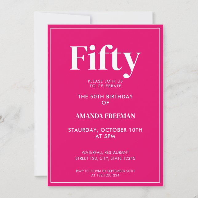 Modern Rosa och vit typografi 50:e födelsedagen Inbjudningar (Framsida)