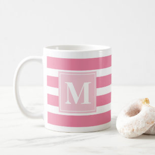 Modern Rosa och Vita Rand med Monogram Kaffemugg