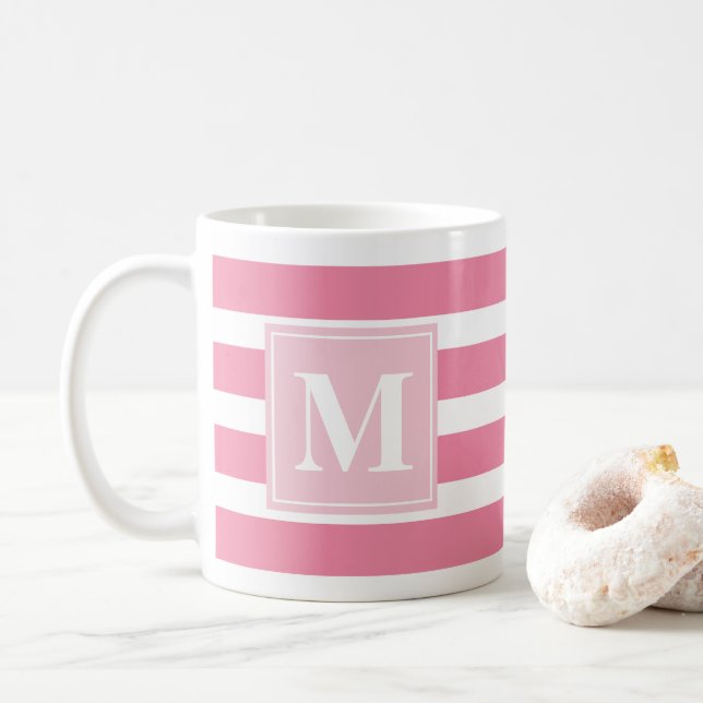 Modern Rosa och Vita Rand med Monogram Kaffemugg (Med munk)
