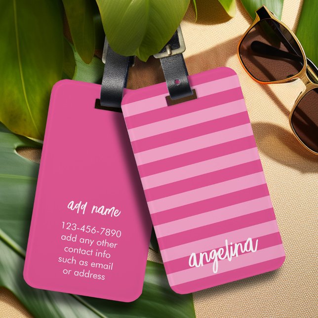 Modern Rosa och vitt stripe Mönster-skript Namn Bagagebricka (Personalized Luggage tag)